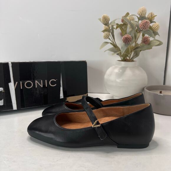 Vionic Alameda Leather Mary Jane Flats Shoes Black I8661L1001 Women's 5 Wide NWB - Picture 1 of 11